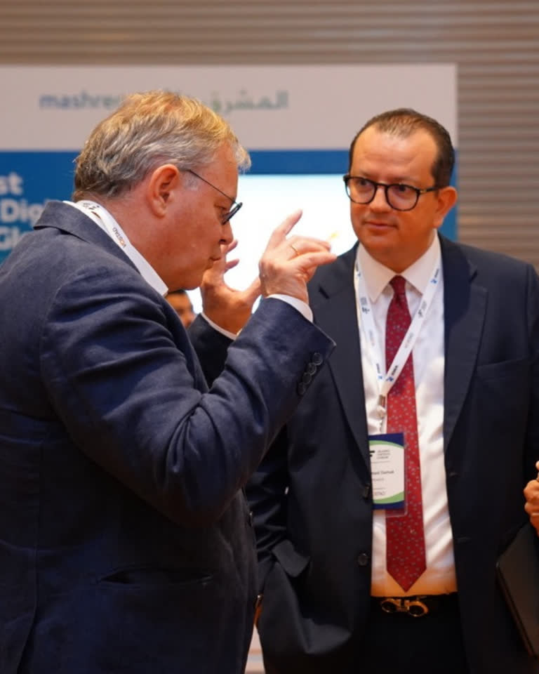 Two delegates in conversation during a conference